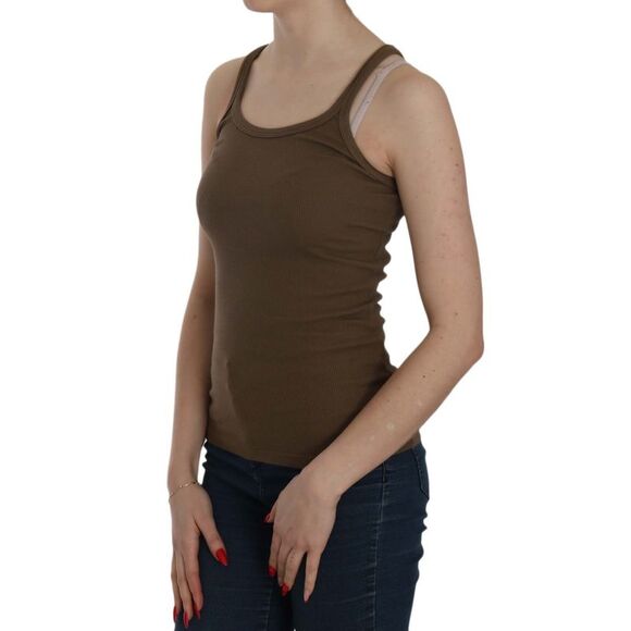 PINK MEMORIES Ribbed Tank Top Olive Green Slim Fit Women Brown Tops & T-Shirts - Picture 3 of 5